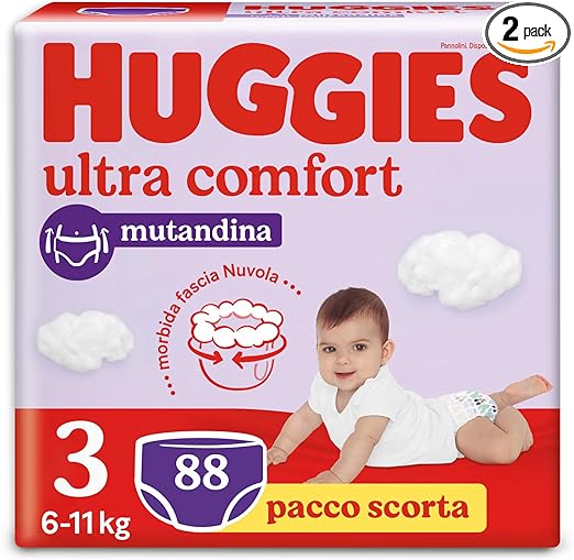 Huggies Ultra Comfort, Pannolini Taglia 3 (6-11 Kg), Mutandina traspirante, Pacco Scorta, 88 Pz